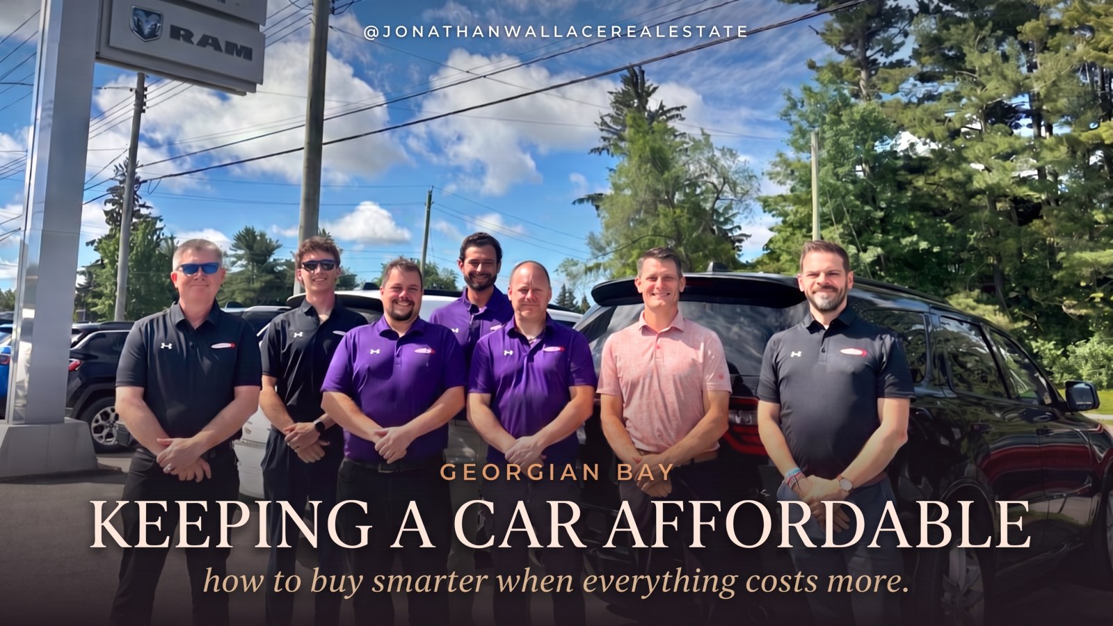 David Clayton and the Midland Chrysler team outside the dealership, with the title Keeping a Car Affordable