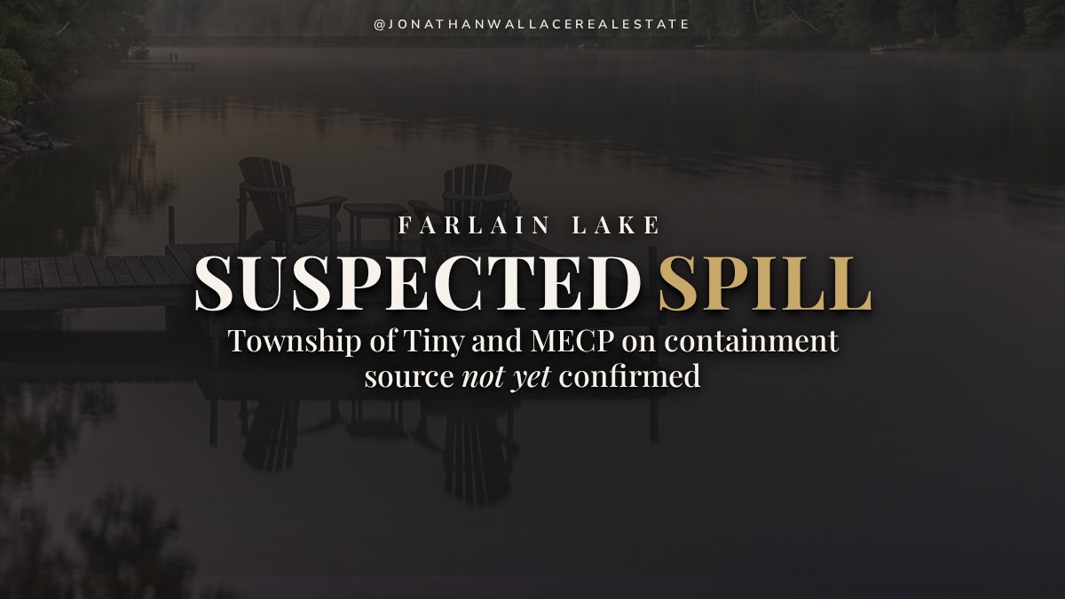 Farlain Lake dock at dusk with the words Suspected Spill, Township of Tiny and MECP on containment, source not yet confirmed.