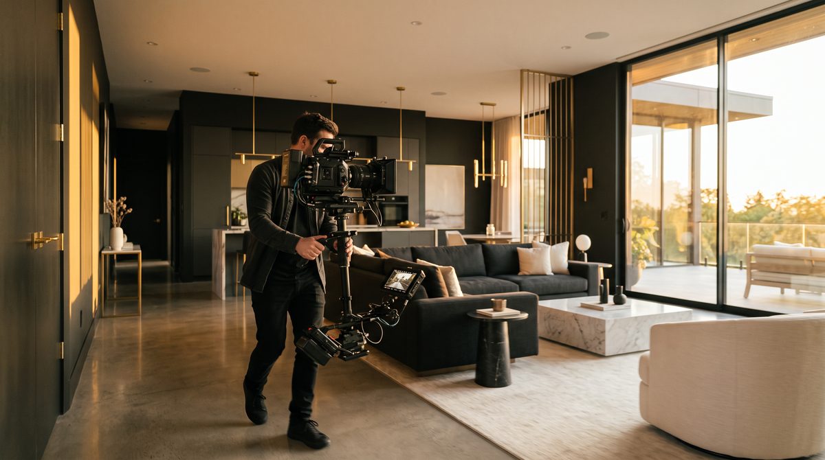 A videographer filming a cinematic home tour in a Georgian Bay living room