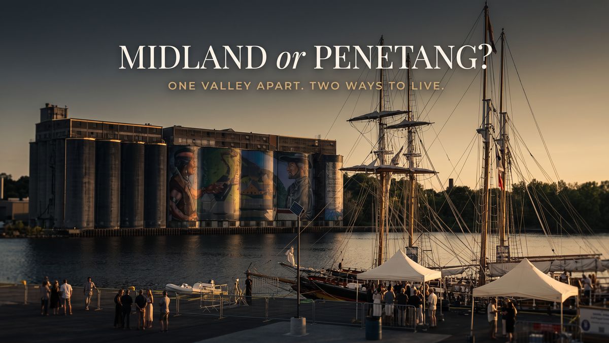 Midland's painted harbour silos and a tall ship at golden hour on Georgian Bay