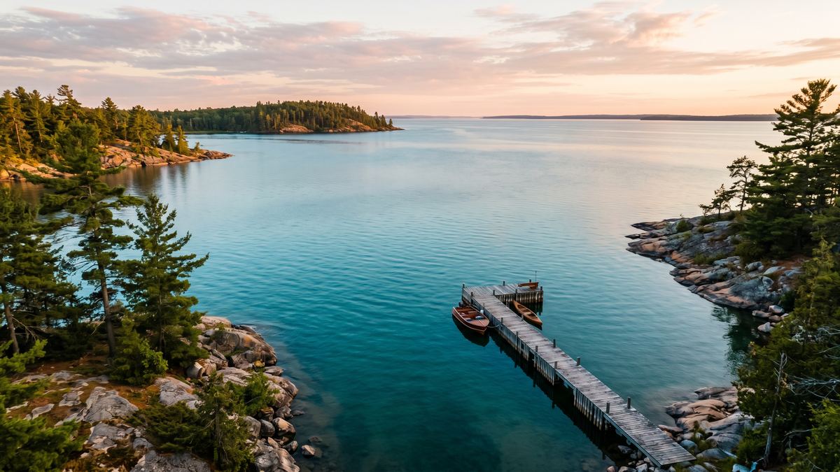 A wide panorama of the Georgian Bay shoreline with a dock at sunset