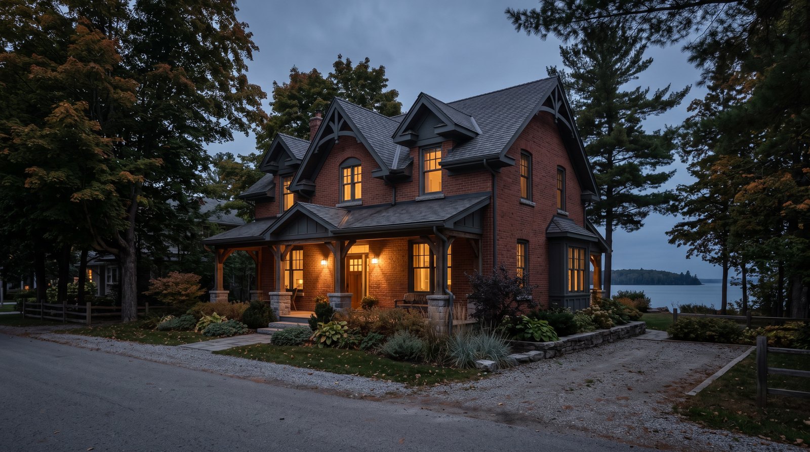 A red brick two-storey home at dusk on a quiet Midland street, warm lamplight in the windows and Georgian Bay beyond the pines