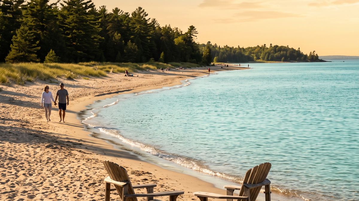 Balm Beach shoreline with Adirondack chairs in Tiny Township on Georgian Bay