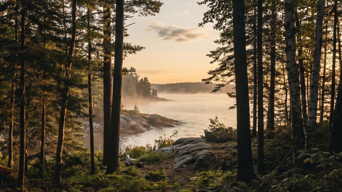 An untouched wooded building lot near Georgian Bay at golden hour