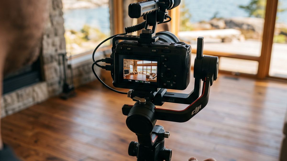 A professional video camera rig filming a Georgian Bay home tour