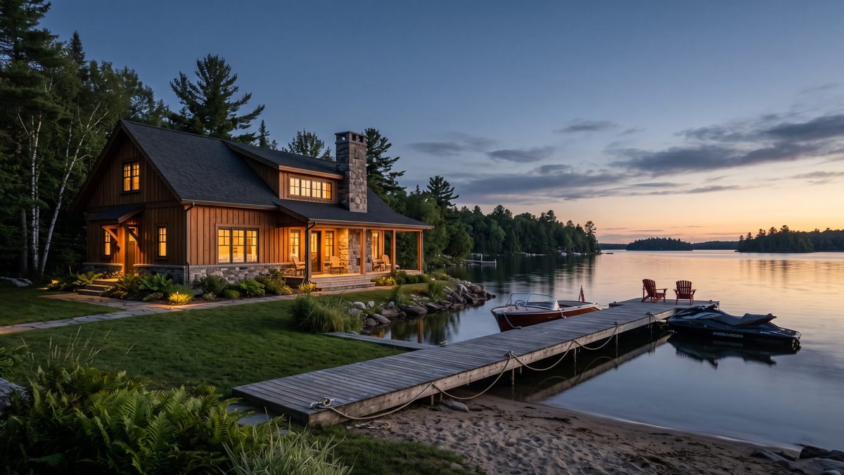 A classic Georgian Bay waterfront cottage at dusk, with a dock and boat on calm water
