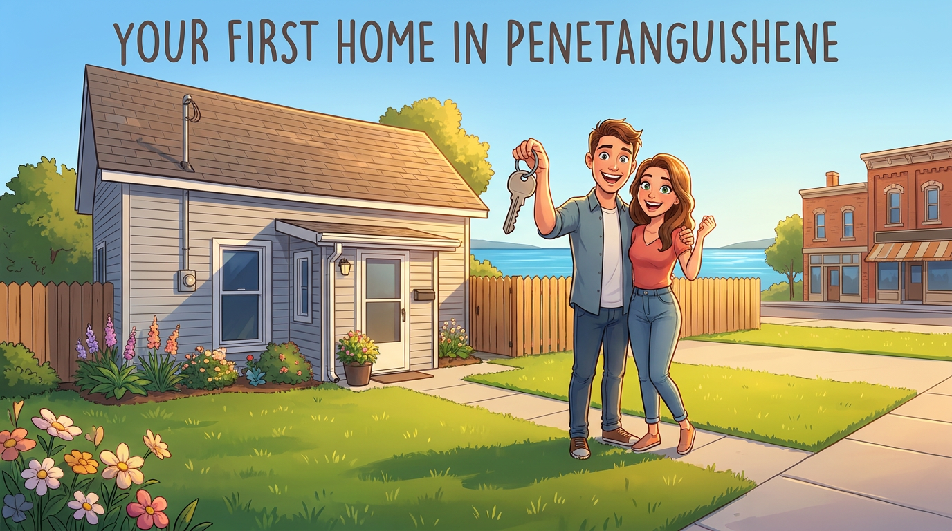A happy first-time buyer couple holding keys in front of their new home in Penetanguishene, Ontario