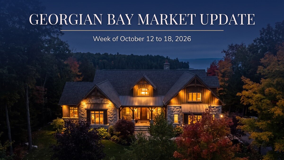A stone and timber lodge with a glowing gable and covered porch at dusk, Georgian Bay beyond the autumn trees, titled Georgian Bay Market Update, Week of October 12 to 18, 2026.
