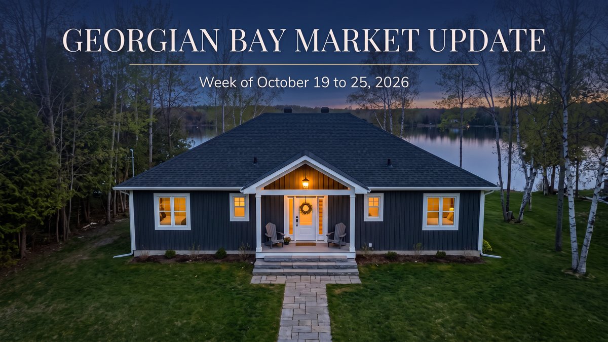 A modern dark-sided bungalow with a lit front porch at dusk beside Georgian Bay and autumn trees, titled Georgian Bay Market Update, Week of October 19 to 25, 2026.