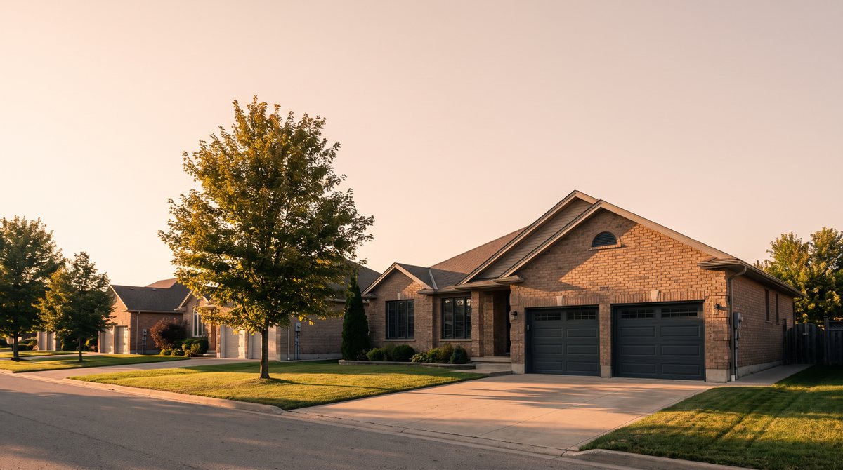 Golden-hour street view of a brick bungalow in a Simcoe County subdivision