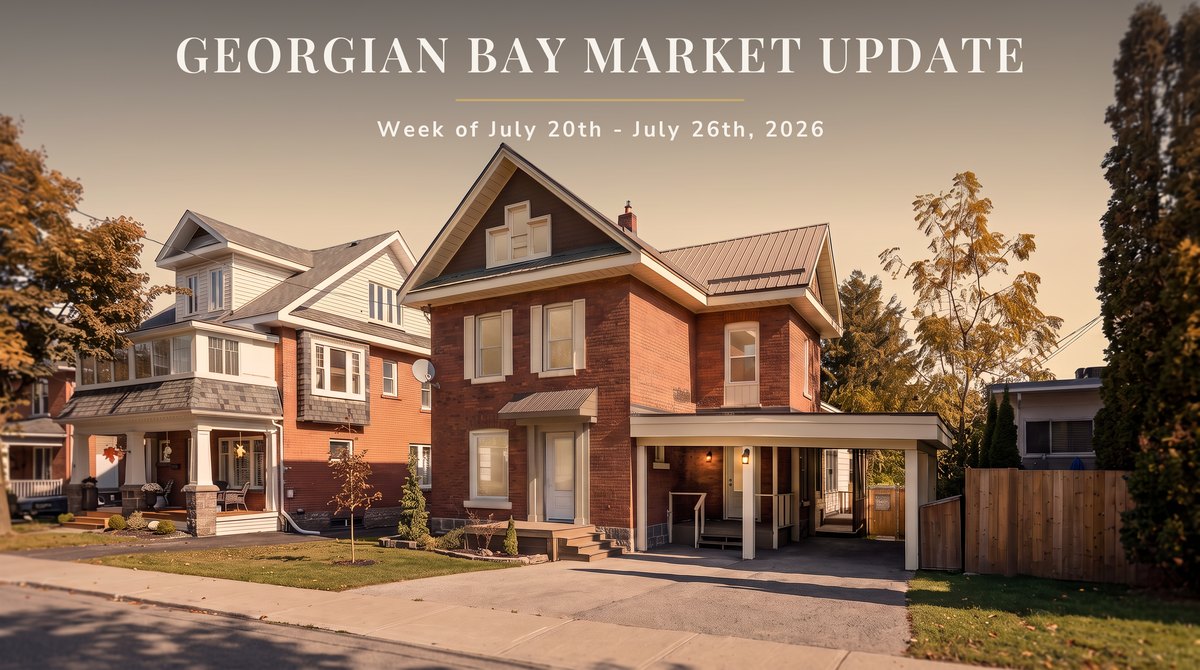 A Midland red-brick century home on a tree-lined street at golden hour, Georgian Bay market update by Jonathan Wallace
