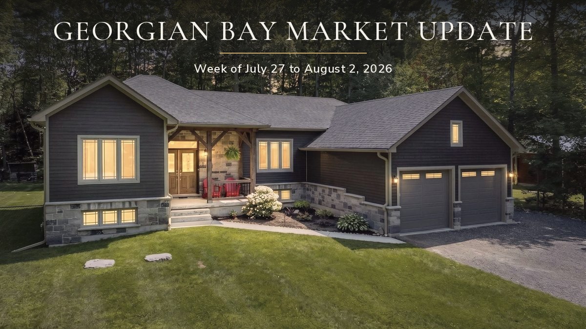 41 Tall Pines at dusk with warm light in the windows, Georgian Bay market update by Jonathan Wallace