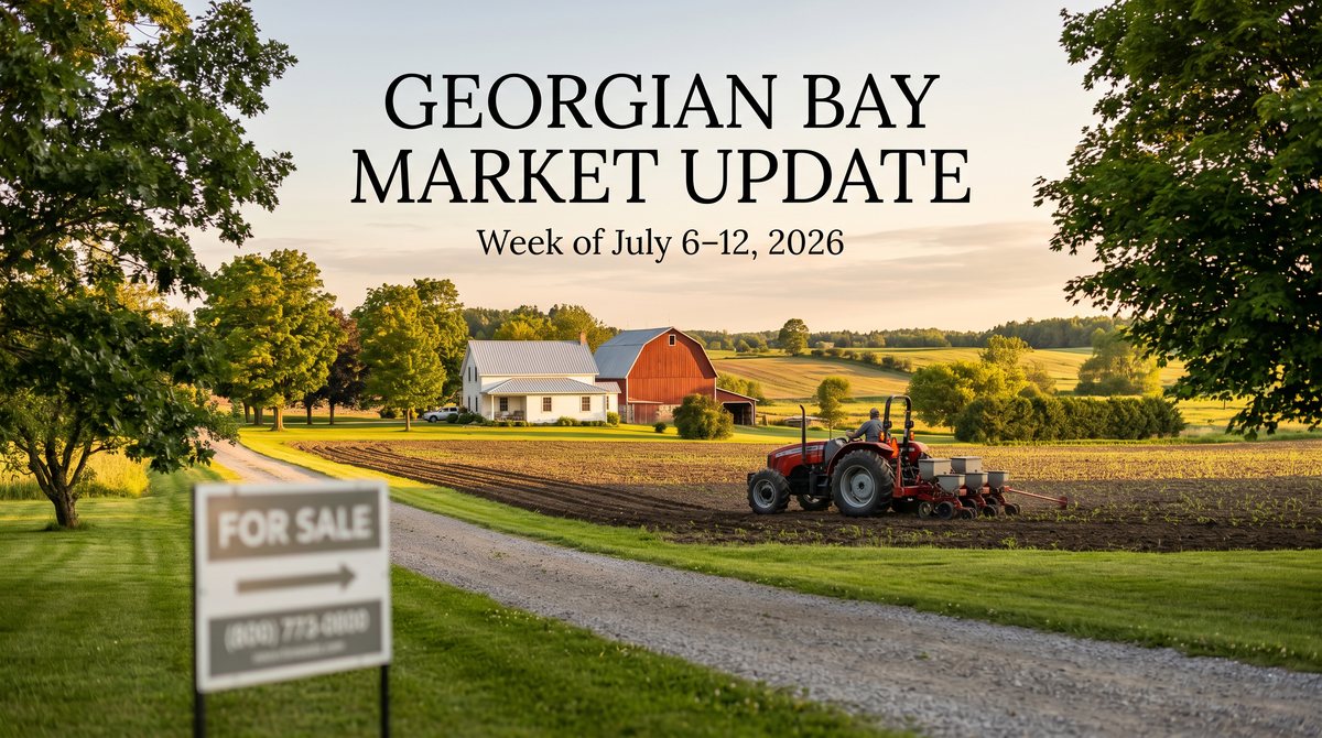 Georgian Bay Market Update, week of July 6 to 12, 2026, over a Simcoe County farm at golden hour