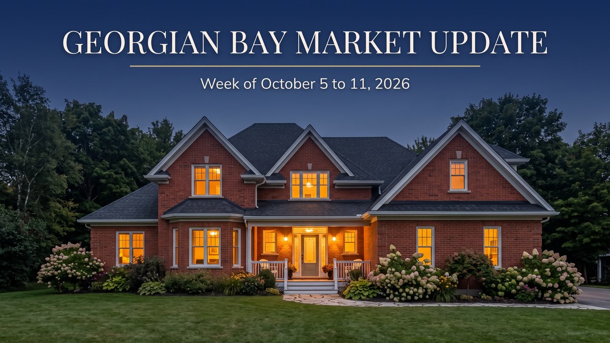 A red-brick century home with a white-trimmed front gable and covered porch at dusk, warm light in the windows, titled Georgian Bay Market Update, Week of October 5 to 11, 2026.