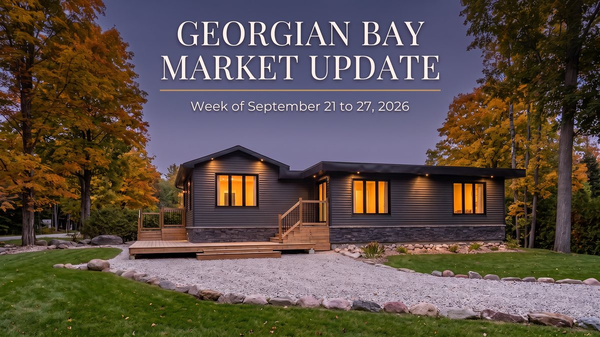 A modern charcoal-grey bungalow with black-framed windows, a cedar deck and fieldstone-edged gravel at dusk, warm light in the windows under fall maples, titled Georgian Bay Market Update, Week of September 21 to 27, 2026.