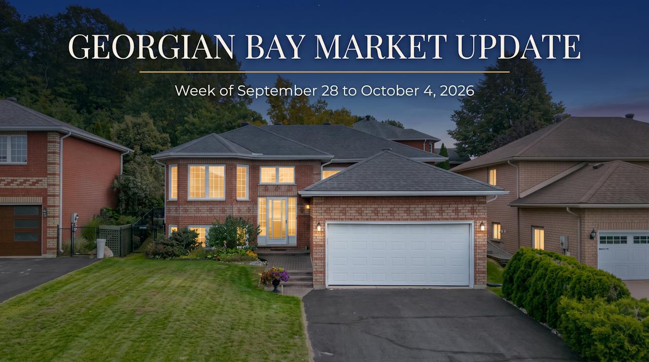 A brick raised bungalow with a double garage at dusk, warm light in the windows under fall trees, titled Georgian Bay Market Update, Week of September 28 to October 4, 2026.