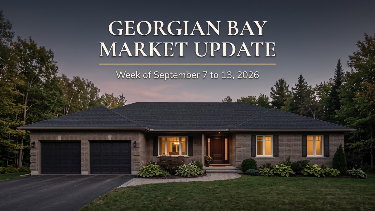 A brick Georgian Bay bungalow with an attached garage at dusk, warm light in the windows under a charcoal twilight sky, titled Georgian Bay Market Update, Week of September 7 to 13, 2026.