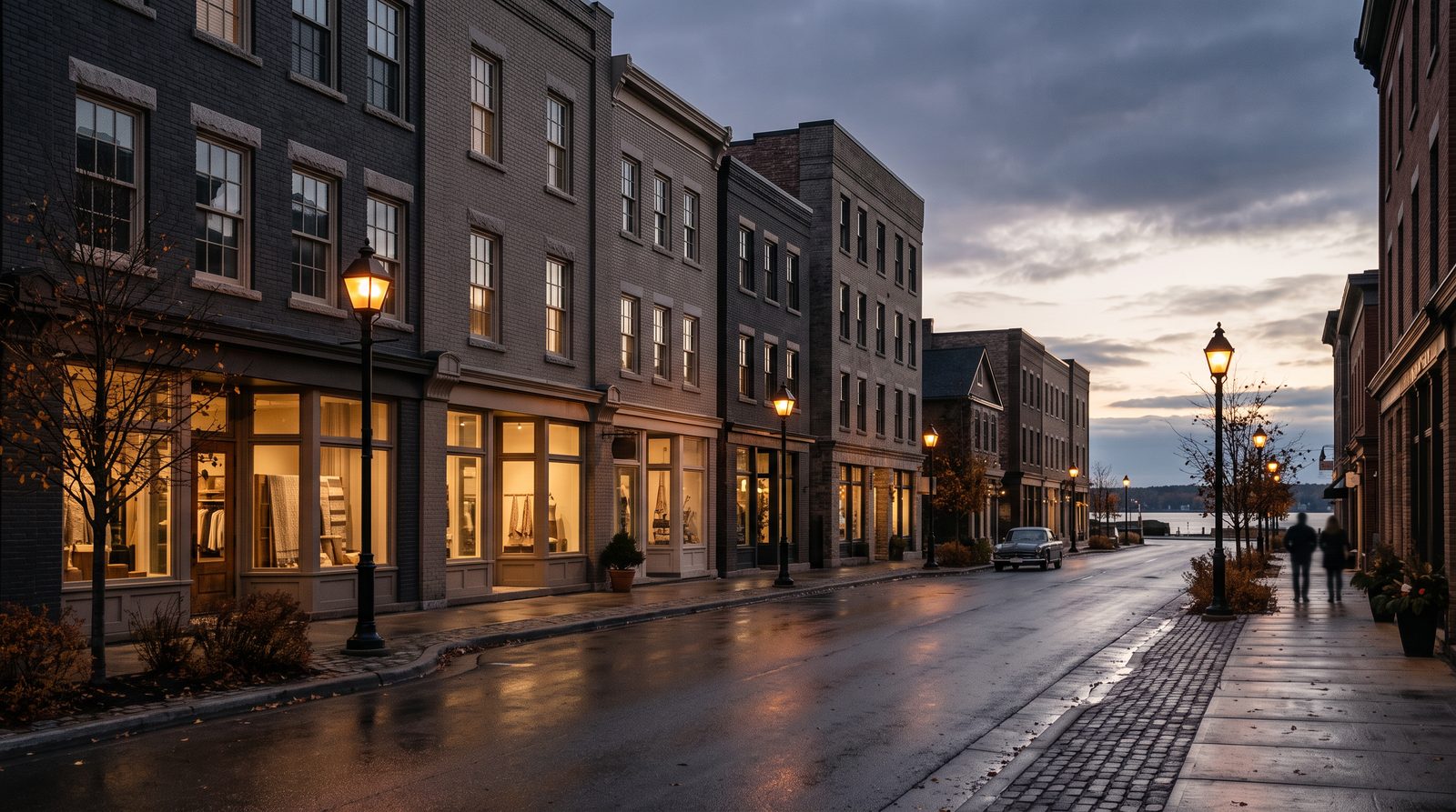A Georgian Bay town main street at dusk, four to six storey brick mixed-use buildings with lit storefronts and warm lamplight