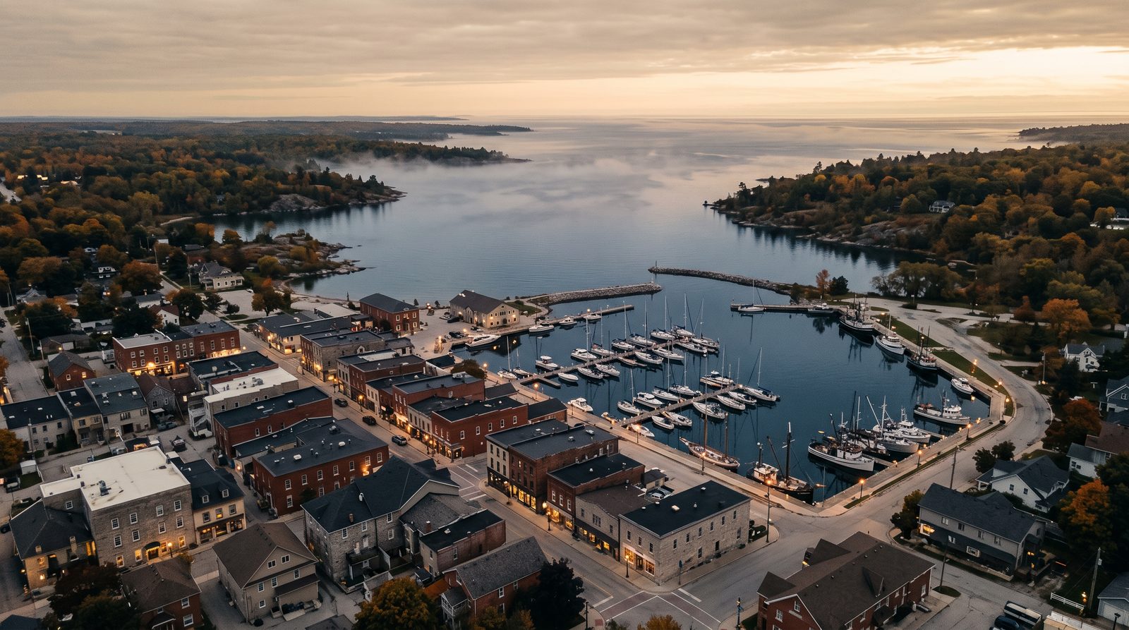 Aerial view at dusk of a Georgian Bay harbour town, its downtown and marina meeting the bay in warm golden-hour light