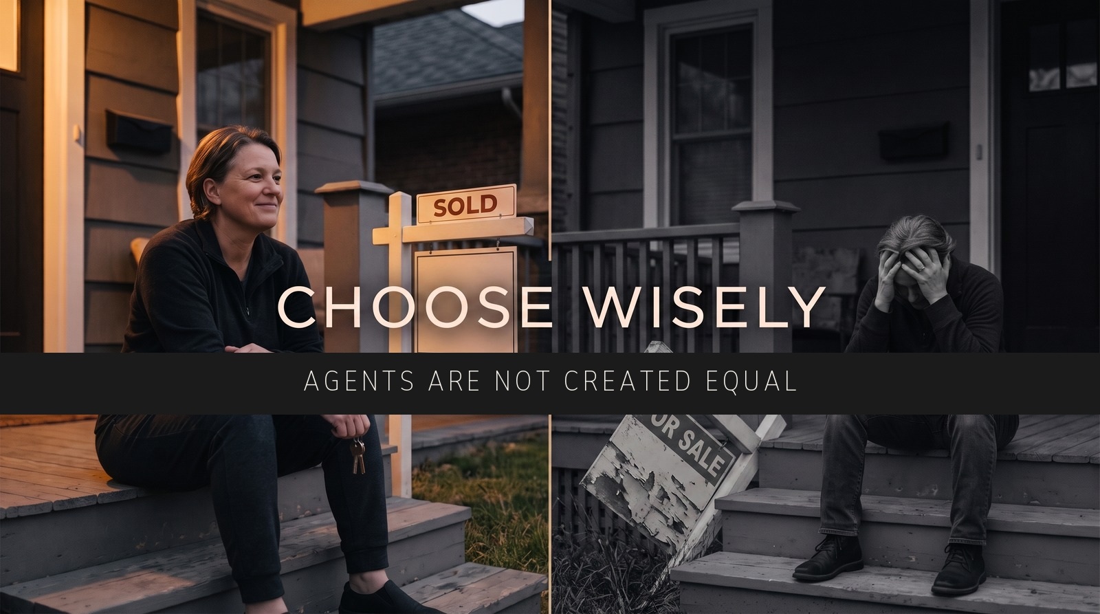 Choose Wisely. Agents are not created equal. On the left a homeowner sits on her porch in warm evening light holding her keys beside an upright SOLD sign. On the right a homeowner sits head in hands in cold grey light beside a peeling FOR SALE sign fallen into the grass.